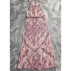 Maurices Dress Womens 0/0X Pink‎ Purple Floral Halter Maxi Blouson Elastic Waist